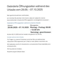 Aktuelles : geänderte Öffnungszeiten