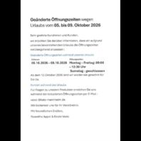 Geänderte Öffnungszeiten vom 05.10.- 09.10.2026